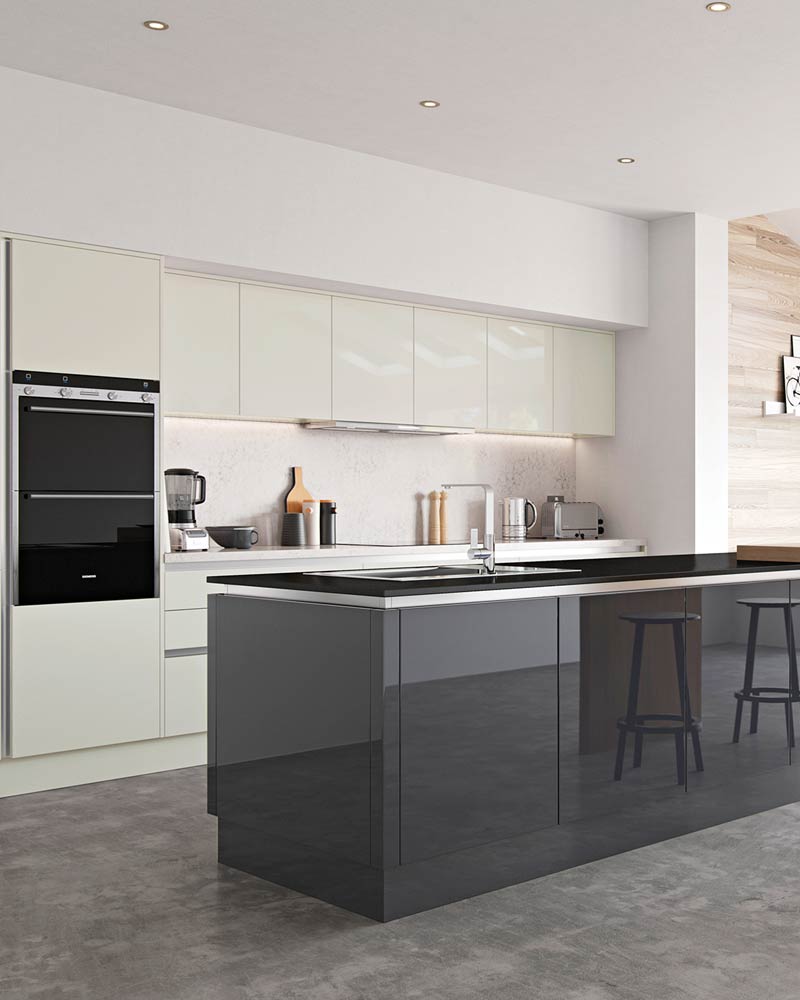 Modern gloss handle less Kitchens Liverpool, featuring two different coloured cabinets in a gloss charcoal grey and a gloss Ivory.